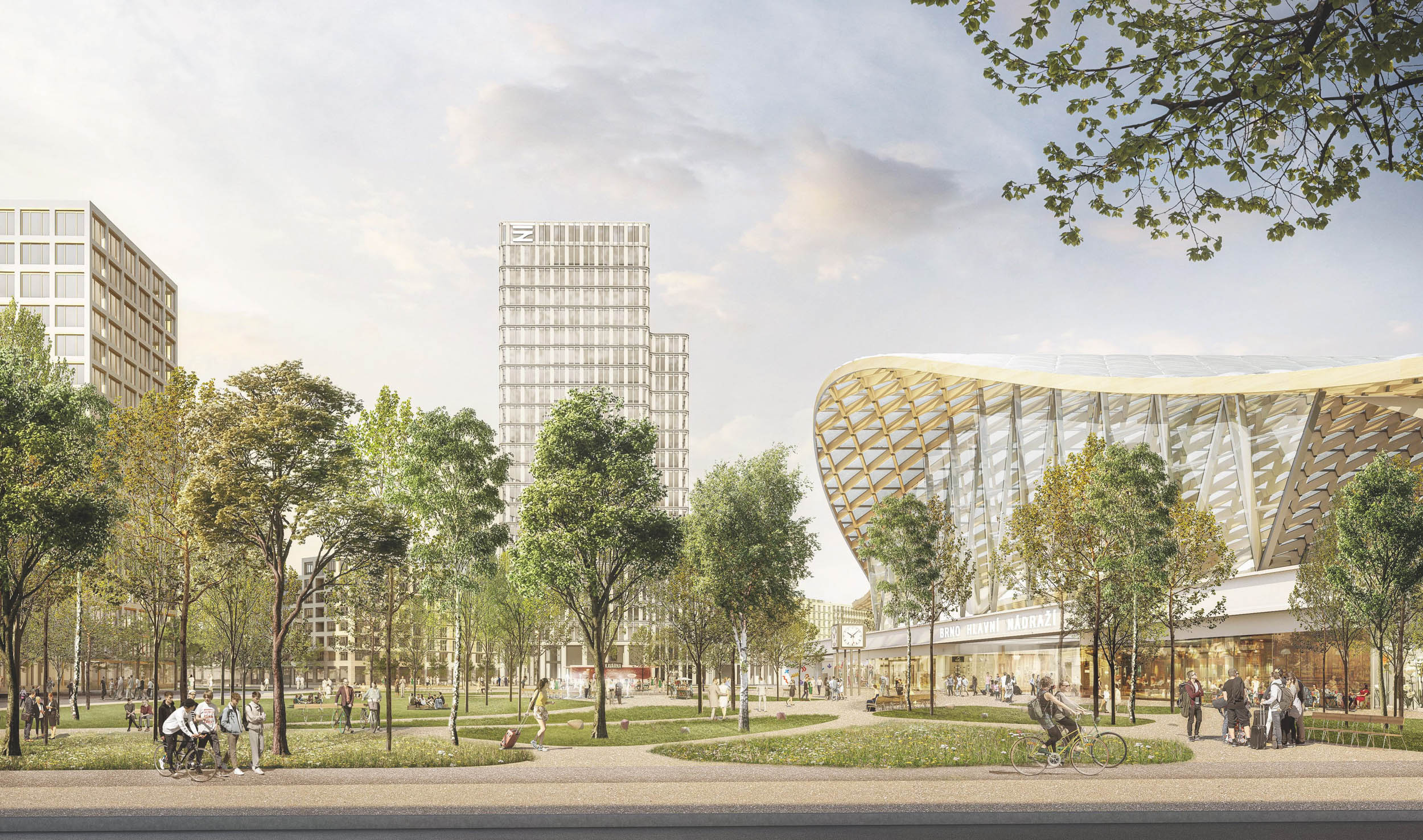 Wettbewerb - New Main Train Station Brno - Das als großer Stadtpark konzipierte Areal entlang des Flusses Svratka bietet ein attraktives Naherholungsgebiet in der Innenstadt und leistet gleichzeitig einen wesentlichen Beitrag zur Verbesserung der klimatischen Bedingungen.