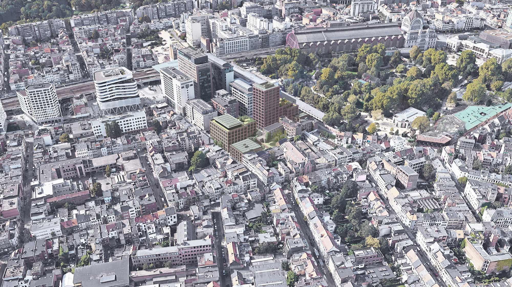 Copernicus Quartier in Antwerpen - Schrägluftbild mit Blick auf den Hauptbahnhof und den Zoo