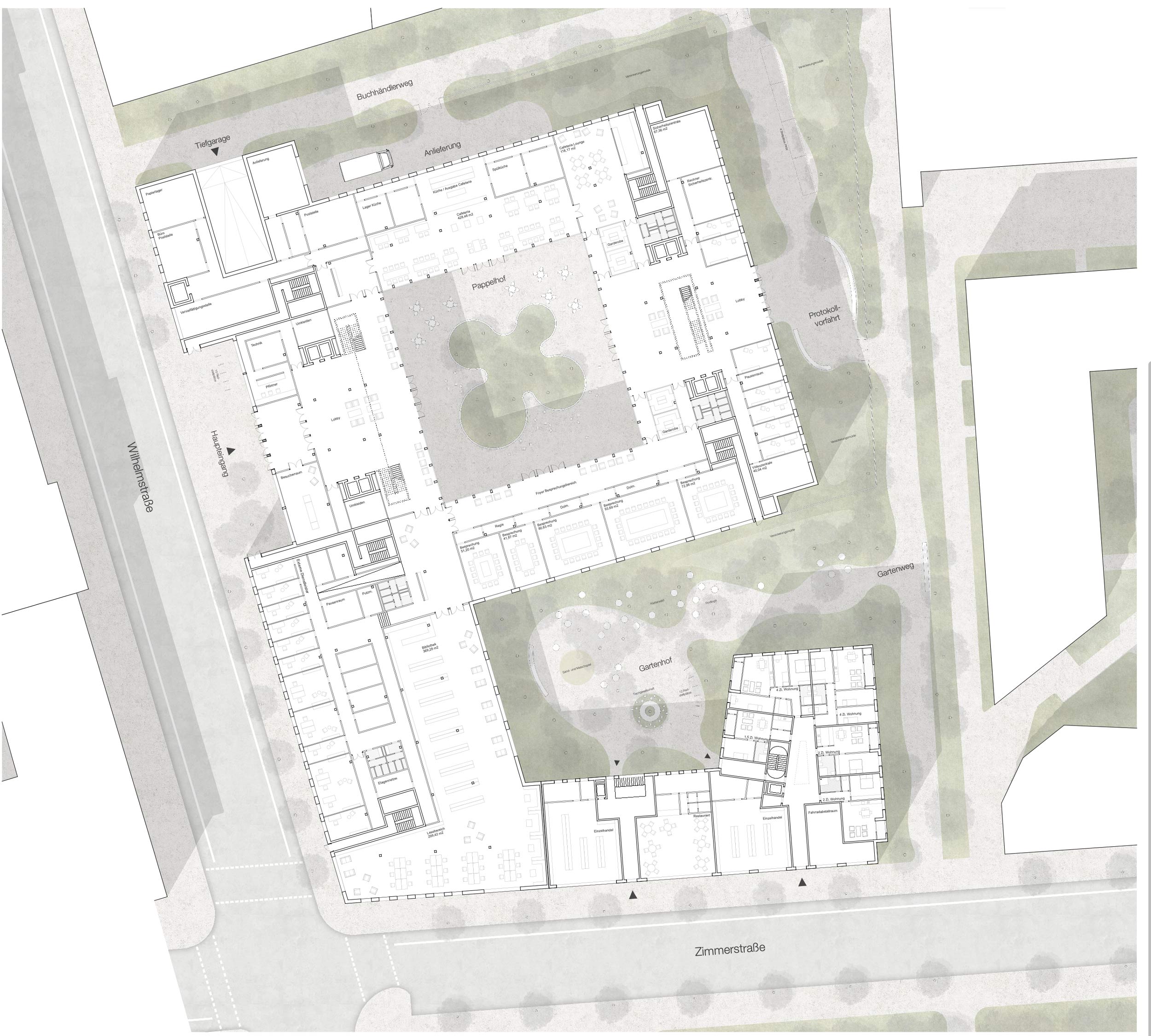 Postblockareal Süd - Neubau Bundesministerium und Wohngebäude in Berlin Mitte - Grundriss Ergeschoss