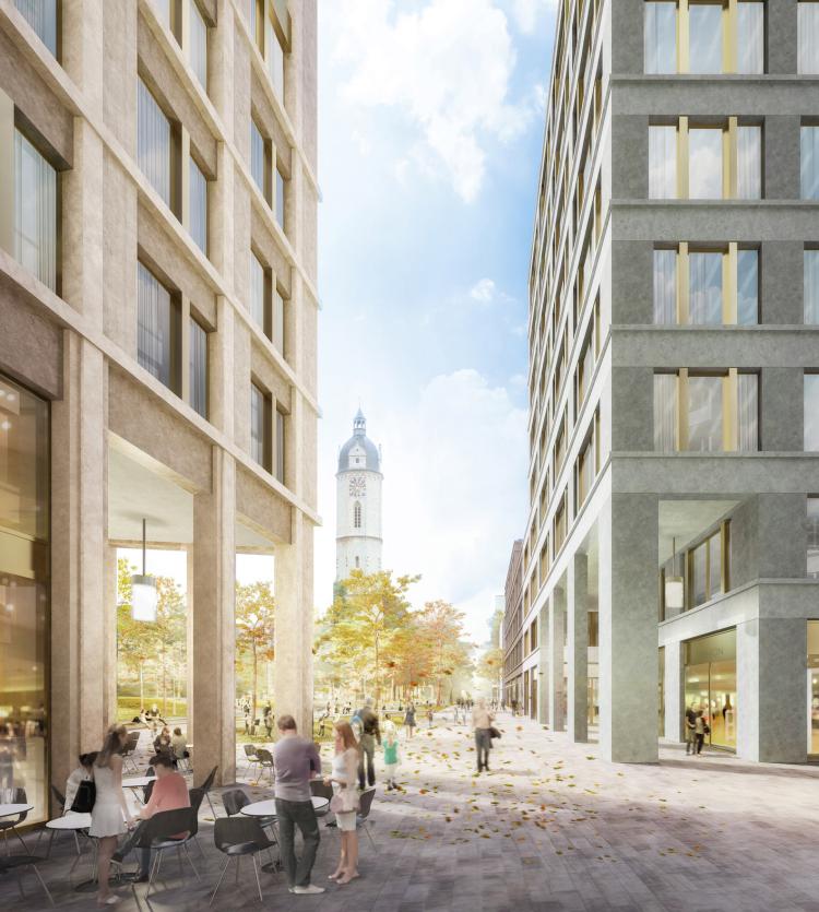 Eichplatz Areal in Jena, Blick auf den neuen Stadtgarten und Kirche Sankt Michael