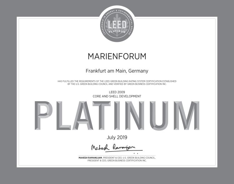 Marienforum in Frankfurt am Main, Auszeichnung LEED Platinum