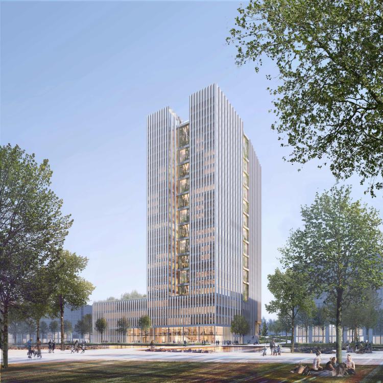 Neubau Technisches Verwaltungsgebäude, Blick vom IHZ Park auf das Technische Verwaltungsgebäude und den Haupteingang